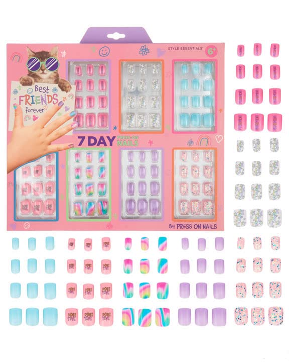 7 Day Manicure Collection  84PC Press On Nail Set DayofTheWeek Adhesive False Nails for Girls  Colorful Novelty Designs Stick On Nails for Kids BFF